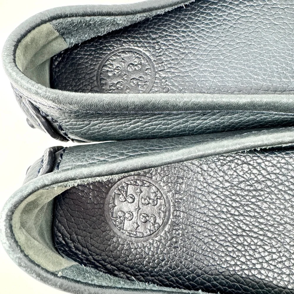 Tory Burch Kendrick Tumbled Leather Driver Loafers - Navy Blue size 7.5